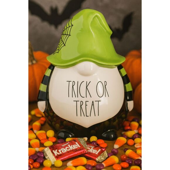 Rae Dunn "Trick or Treat" Ceramic Gnome Halloween Green Black 9" Fall Decor NEW - Picture 1 of 8
